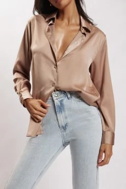 JLW Liliana Satin Shirt - Taupe All Tops 10 JLW Liliana Satin Shirt - Taupe All Tops