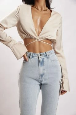 AMC Rheanna Wrap Around Cropped Shirt - Bone All Tops 13 AMC Rheanna Wrap Around Cropped Shirt - Bone All Tops
