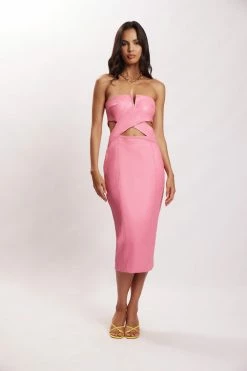 LCH Sia Faux Leather Cut Out Midi Dress - Pink DRESSES 14 LCH Sia Faux Leather Cut Out Midi Dress - Pink DRESSES