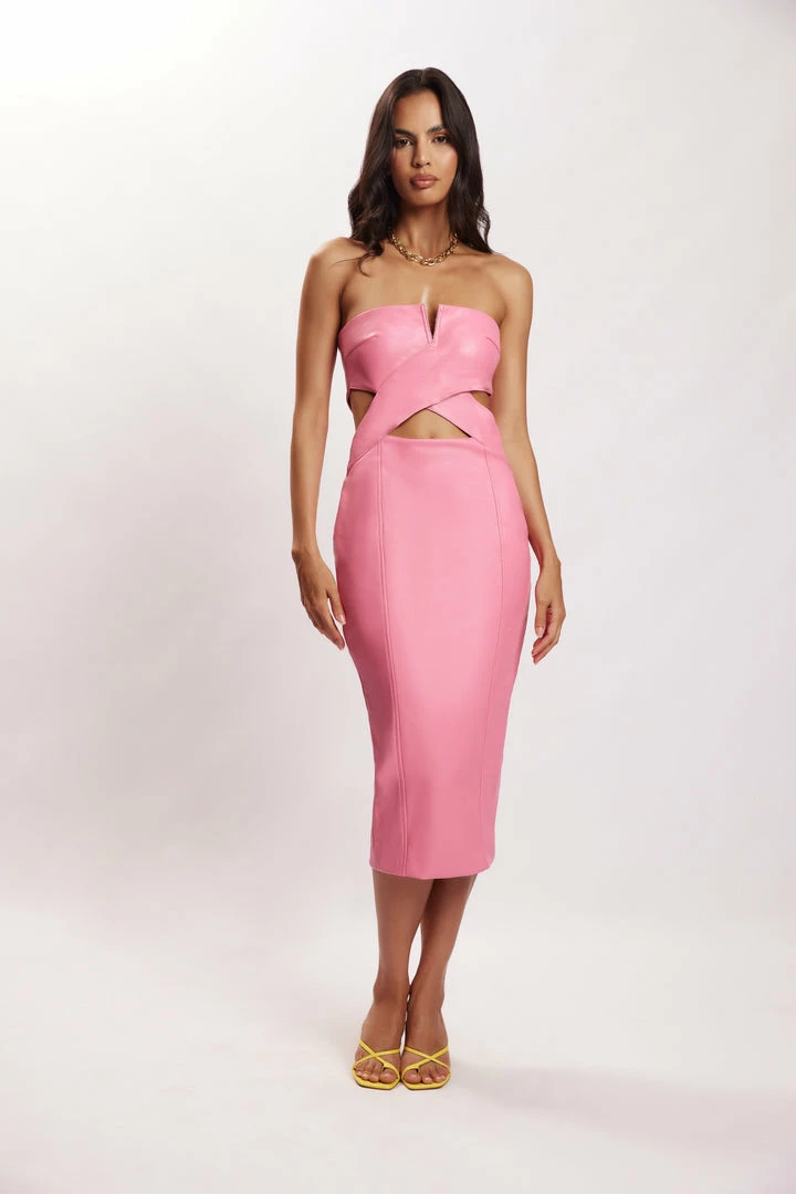 LCH Sia Faux Leather Cut Out Midi Dress - Pink DRESSES 7 LCH Sia Faux Leather Cut Out Midi Dress - Pink DRESSES