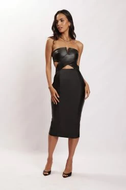 LCH Sia Faux Leather Cut Out Midi Dress - Black DRESSES