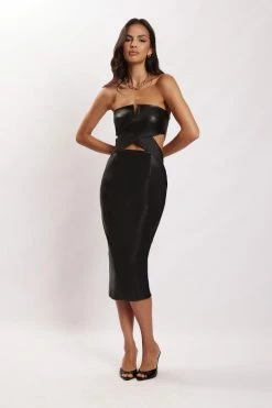 LCH Sia Faux Leather Cut Out Midi Dress - Black DRESSES