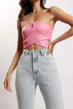 LCH All Tops Perrie Faux Leather Cut Out Crop Top - Pink