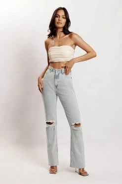 EMS All Bottoms Lauren Straight Leg Ripped Jeans - Light Blue