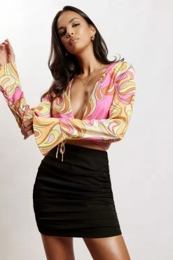 AMC Rheanna Wrap Around Cropped Shirt - Psychedelic Print