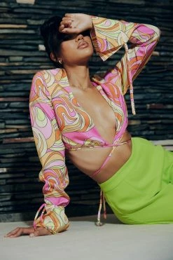 AMC Rheanna Wrap Around Cropped Shirt - Psychedelic Print