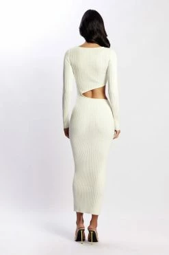 SOP DRESSES Gaia Cut Out Asymmetric Knitted Midi Dress - White
