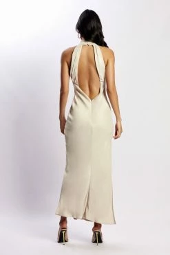 JLW Claire Satin Drape Back Maxi Dress - Bone
