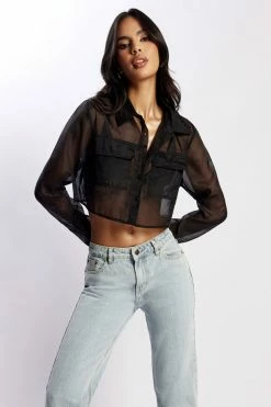 WNT Elaina Sheer Button Up Cropped Shirt - Black 11 WNT Elaina Sheer Button Up Cropped Shirt - Black