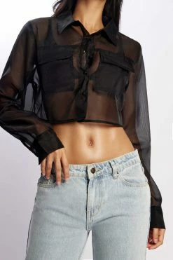 WNT Elaina Sheer Button Up Cropped Shirt - Black