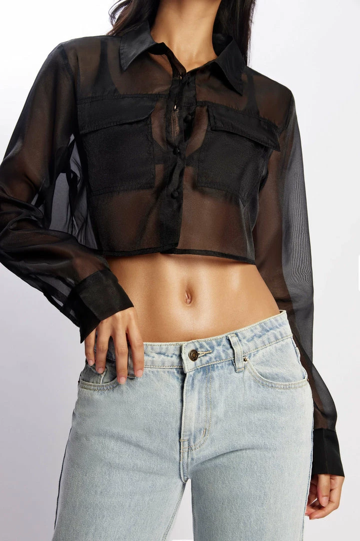 WNT Elaina Sheer Button Up Cropped Shirt - Black 1 WNT Elaina Sheer Button Up Cropped Shirt - Black