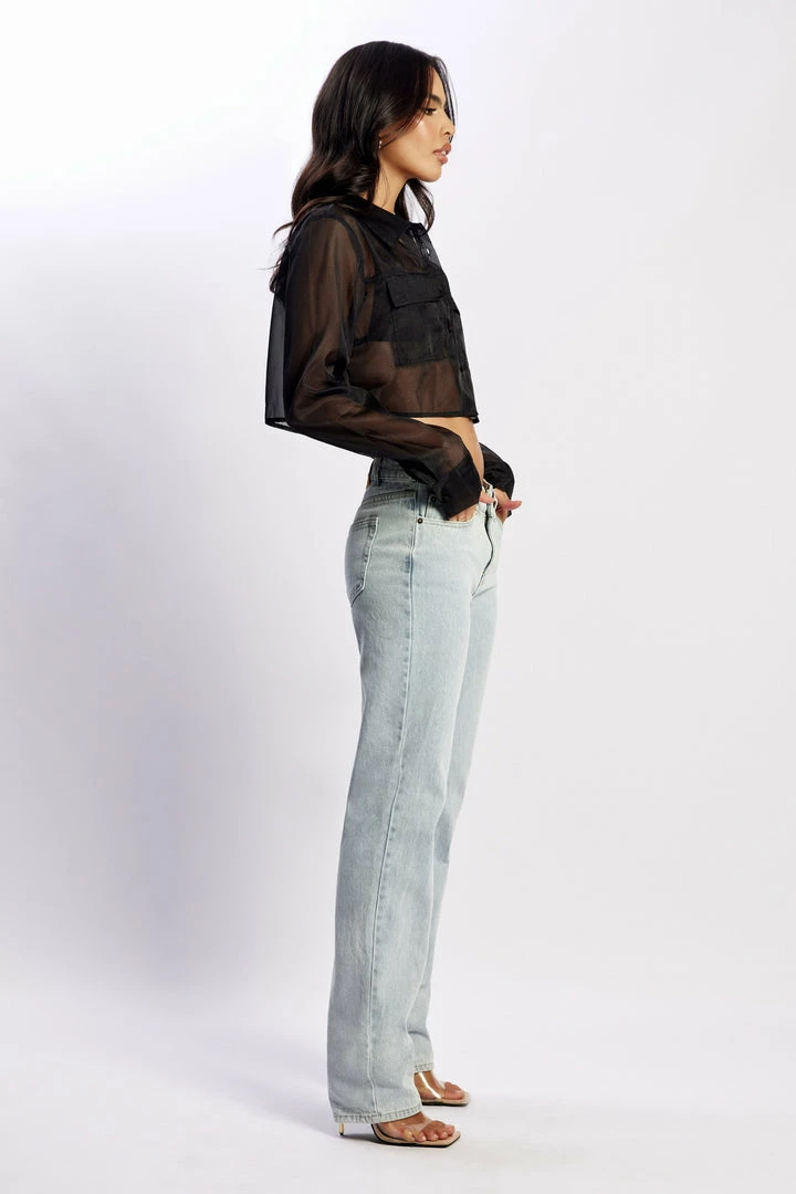 WNT Elaina Sheer Button Up Cropped Shirt - Black 4 WNT Elaina Sheer Button Up Cropped Shirt - Black