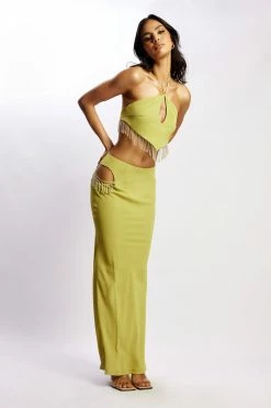 JLW Two Piece Sets Jayleen Keyhole Triangle Halter Top With Fringe - Chartreuse