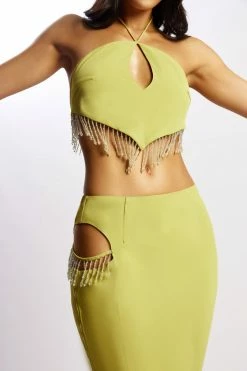 JLW Two Piece Sets Jayleen Keyhole Triangle Halter Top With Fringe - Chartreuse