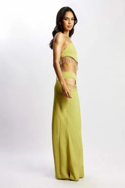 JLW Two Piece Sets Jayleen Keyhole Triangle Halter Top With Fringe - Chartreuse