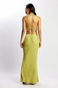 JLW Two Piece Sets Jayleen Keyhole Triangle Halter Top With Fringe - Chartreuse