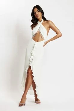 WNT Dana Chiffon Diamante Trim Halter Maxi Dress - White DRESSES