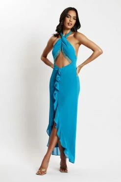 WNT Dana Chiffon Diamante Trim Halter Maxi Dress - Marine Blue DRESSES