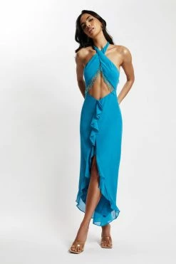 WNT Dana Chiffon Diamante Trim Halter Maxi Dress - Marine Blue DRESSES