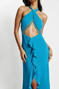 WNT Dana Chiffon Diamante Trim Halter Maxi Dress - Marine Blue DRESSES
