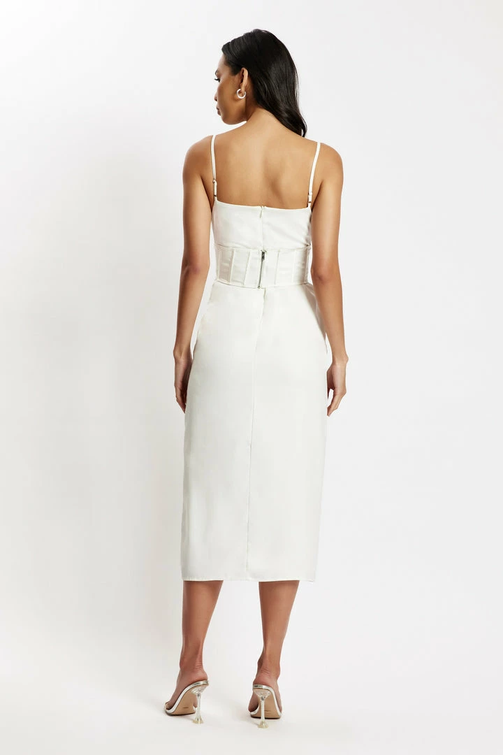 QNG Lucy Cowl Midi Dress With Corset - White DRESSES 3 QNG Lucy Cowl Midi Dress With Corset - White DRESSES