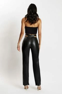 WNT Callie Faux Leather Cut Out Side Straight Leg Pant - Black