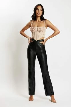 WNT Callie Faux Leather Cut Out Side Straight Leg Pant - Black
