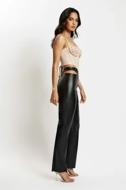 WNT Callie Faux Leather Cut Out Side Straight Leg Pant - Black