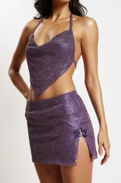 QNG Daphne Diamante Cowl Neck Halter Top - Purple Two Piece Sets 11 QNG Daphne Diamante Cowl Neck Halter Top - Purple Two Piece Sets