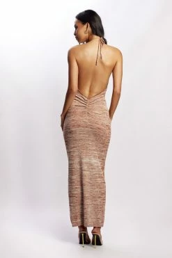 EMS DRESSES Fleur Halter Midi Dress - Brown Space Dye