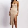 QNG DRESSES Talisa Chain Strap Side Split Corset Midi Dress - Champagne