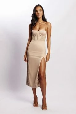 QNG DRESSES Talisa Chain Strap Side Split Corset Midi Dress - Champagne