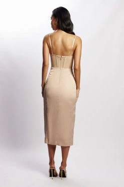 QNG DRESSES Talisa Chain Strap Side Split Corset Midi Dress - Champagne