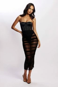 QNG Tiarne Satin And Mesh Corset Dress - Black