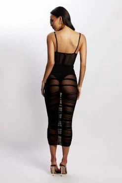 QNG Tiarne Satin And Mesh Corset Dress - Black