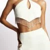 JLW Jayleen Keyhole Triangle Halter Top With Fringe - White