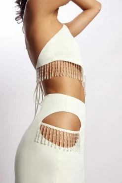 JLW Jayleen Keyhole Triangle Halter Top With Fringe - White