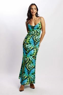 BSD DRESSES Zoe Cowl Front Printed Maxi Dress - Butterfly Print