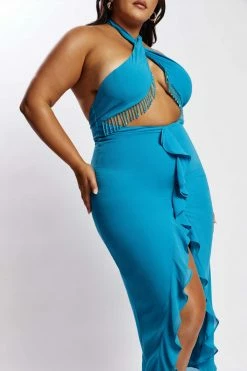 WNT Dana Chiffon Diamante Trim Halter Maxi Dress - Marine Blue DRESSES