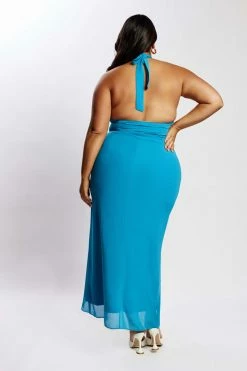 WNT Dana Chiffon Diamante Trim Halter Maxi Dress - Marine Blue DRESSES