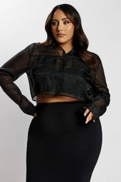 WNT Elaina Sheer Button Up Cropped Shirt - Black 14 WNT Elaina Sheer Button Up Cropped Shirt - Black