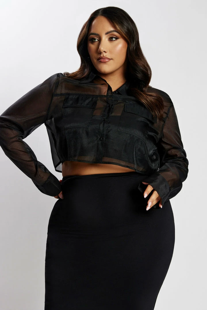 WNT Elaina Sheer Button Up Cropped Shirt - Black 6 WNT Elaina Sheer Button Up Cropped Shirt - Black