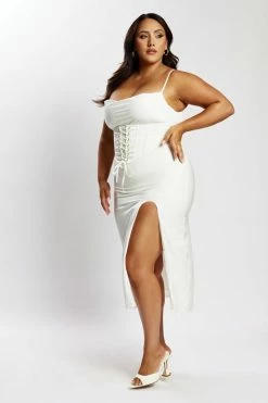 QNG Lucy Cowl Midi Dress With Corset - White DRESSES 16 QNG Lucy Cowl Midi Dress With Corset - White DRESSES