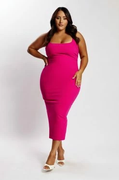 QNG Maria Crepe Square Neck Midi Dress - Fuchsia DRESSES 17 QNG Maria Crepe Square Neck Midi Dress - Fuchsia DRESSES