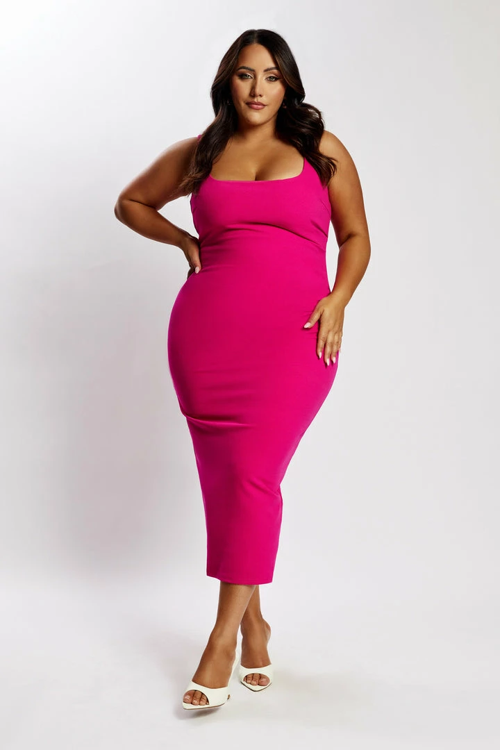 QNG Maria Crepe Square Neck Midi Dress - Fuchsia DRESSES 8 QNG Maria Crepe Square Neck Midi Dress - Fuchsia DRESSES