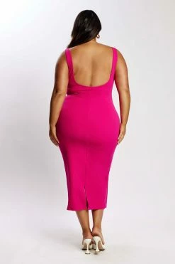 QNG Maria Crepe Square Neck Midi Dress - Fuchsia DRESSES 18 QNG Maria Crepe Square Neck Midi Dress - Fuchsia DRESSES