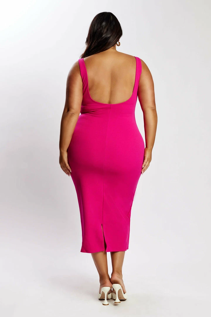 QNG Maria Crepe Square Neck Midi Dress - Fuchsia DRESSES 9 QNG Maria Crepe Square Neck Midi Dress - Fuchsia DRESSES