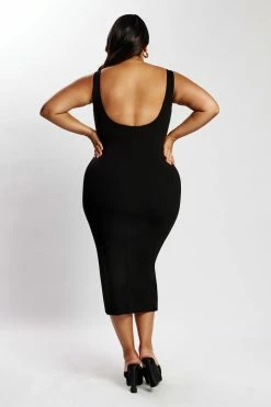 QNG DRESSES Maria Crepe Square Neck Midi Dress - Black