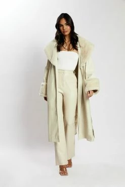 LCH Rebekah Pu Trench Coat With Fur Trim - Bone Coats & Jackets