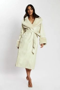 LCH Rebekah Pu Trench Coat With Fur Trim - Bone Coats & Jackets